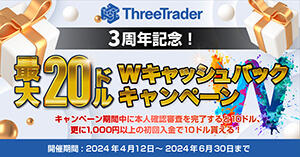 ThreeTrader 3周年記念！最大20ドル Wキャッシュバックキャンペーン