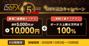 IS6FX 5周年記念 6日間限定！1万円新規口座開設ボーナス&100％入金ボーナス