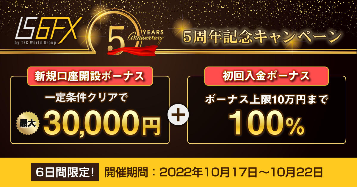 IS6FX 5周年記念 6日間限定！3万円新規口座開設ボーナス&100％入金ボーナス