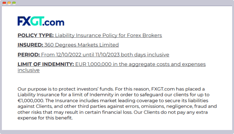 FXGTは100万ユーロの損害補償保険に加入している